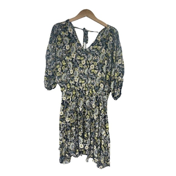 Mittoshop Polyester Scoop Neck Green Black Floral Tie Back Mini Dress L Boutique - Picture 1 of 6